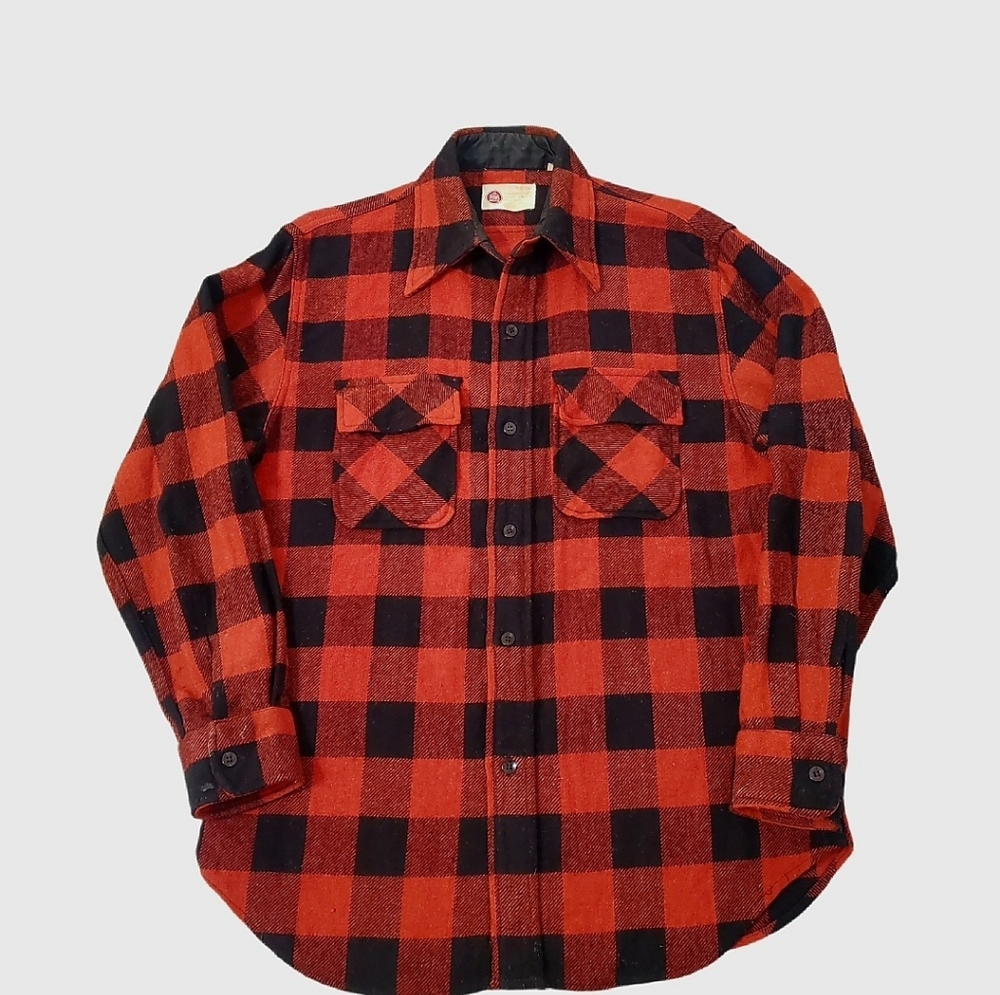 Kings‎ Road Sears Vintage 60s Red Buffalo Plaid Wool Flannel Shirt Medium